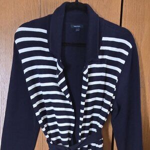 Women's Nautica Cardigan Sweater w/ belt Navy Blue & White Striped Large